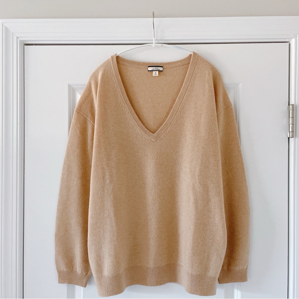 J.CREW Cashmere Relaxed V-neck Sweater BA394 Camel S Small Boyfriend